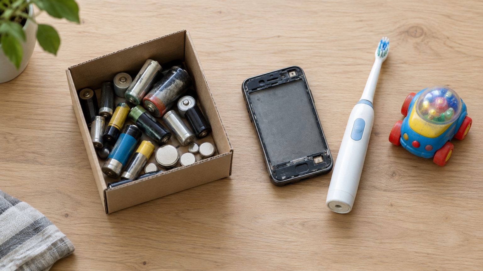 Symbolbild: Karton mit alten Rund- und Knopfzellen auf einem Holztisch, daneben ein ausgedientes Handy ohne Display, eine elektrische Zahnbürste und ein Spielzeugauto