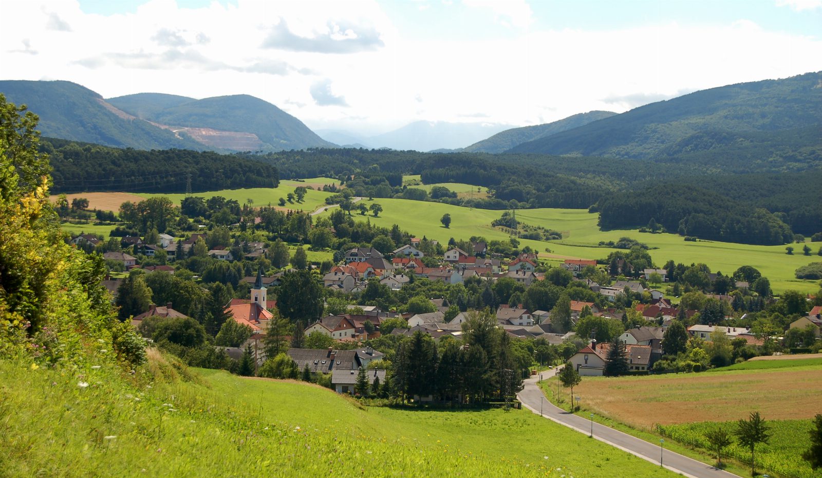 Blick von einem Wiesenhang auf Hernstein mit Kirchturm, Häusern und bewaldeten Hügeln im Hintergrund