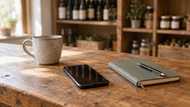 Holztheke in einem kleinen Betrieb: Smartphone mit dunklem Bildschirm, Keramiktasse und geschlossenes Notizbuch mit Stift, dahinter unscharf ein Regal mit Flaschen und Gläsern.