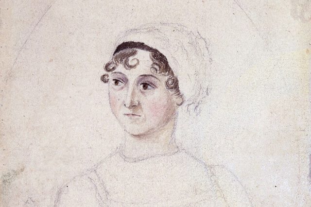 Bleistift- und Aquarellzeichnung einer jungen Frau mit dunklen Locken und weißer Haube, die zur Seite blickt