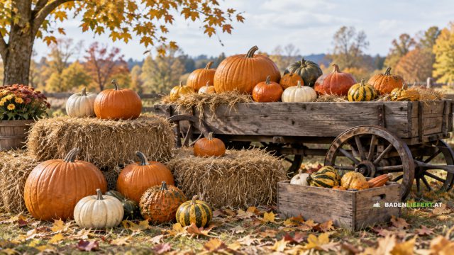 Symbolbild: Speise- und Zierkürbisse auf Strohballen und einem Holzwagen im Herbstlaub