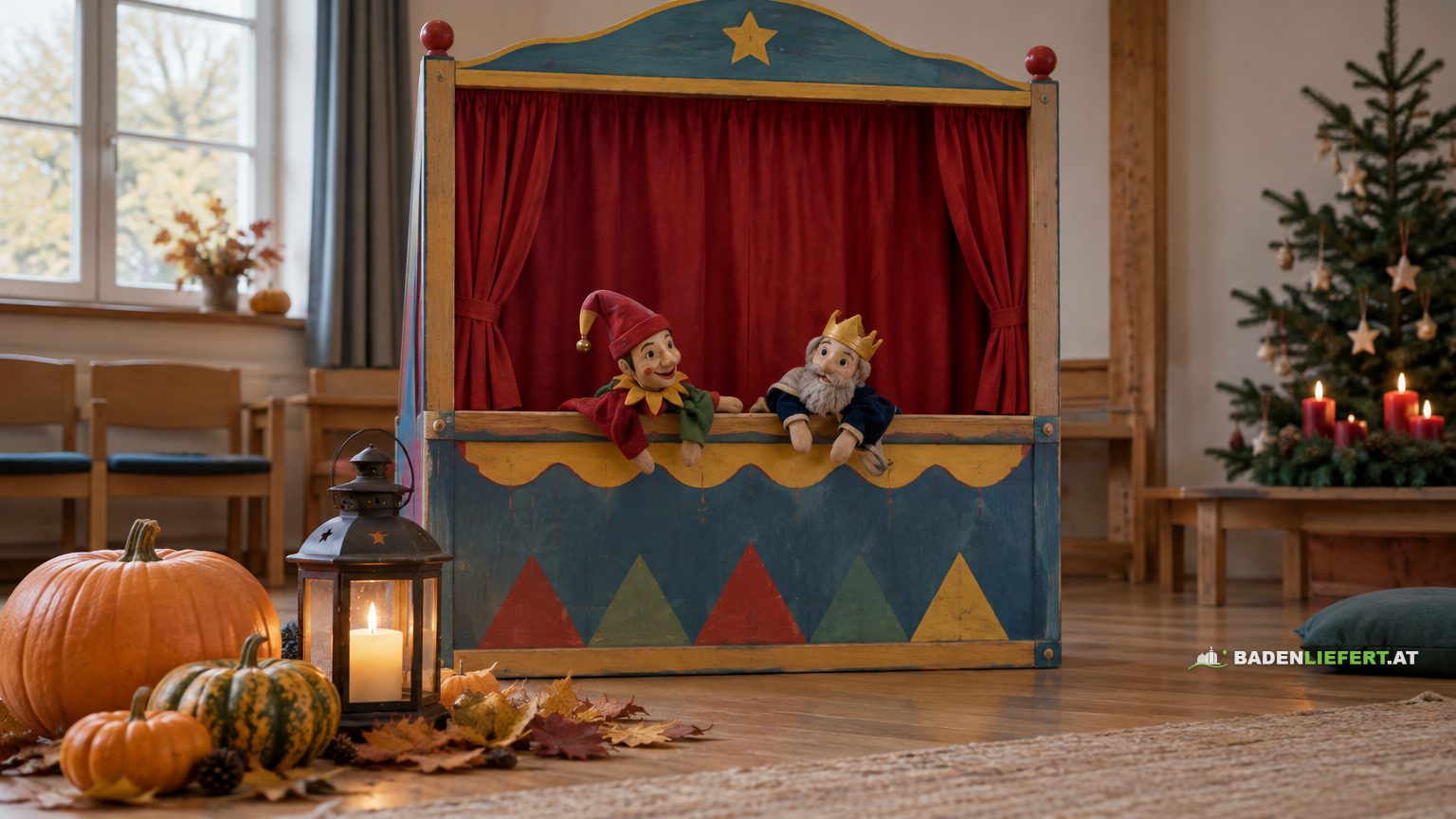 Symbolbild: bunte Holz-Puppenbühne mit rotem Vorhang und Handpuppen, davor Kürbisse und eine Laterne