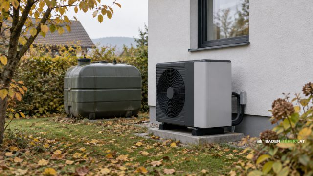 Symbolbild: Außengerät einer Wärmepumpe an einer Hauswand, daneben ein alter Heizöltank im herbstlichen Garten