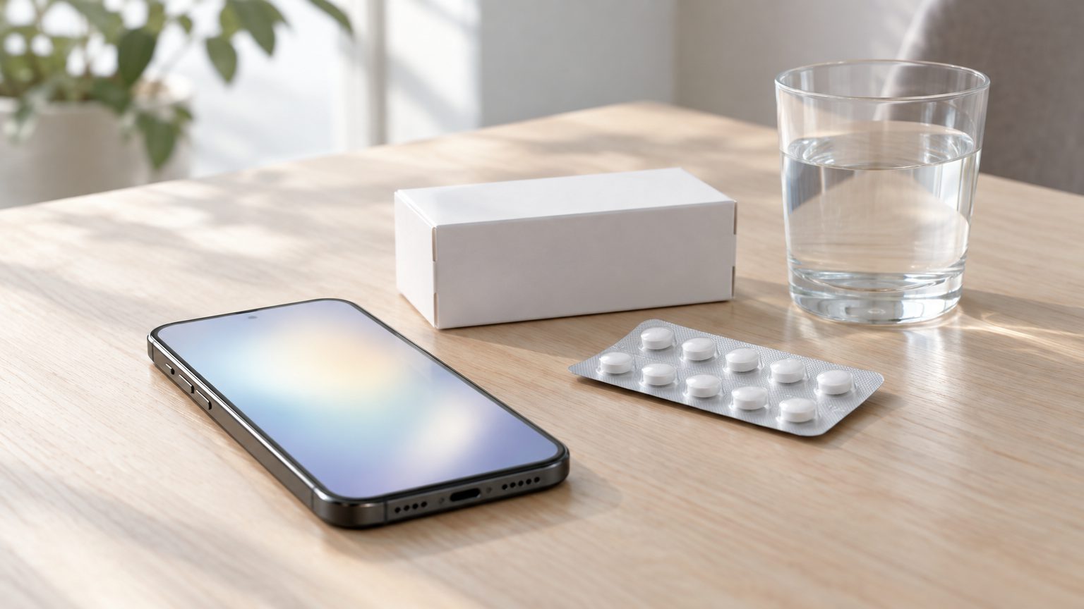 Symbolbild: ein Smartphone mit leerem, leuchtendem Bildschirm, daneben eine weiße Schachtel, ein Tablettenblister und ein Glas Wasser auf einem Holztisch