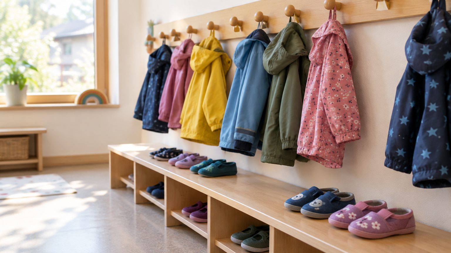 Symbolbild: Kindergarten-Garderobe mit bunten Kinderjacken an Holzhaken und kleinen Hausschuhen auf einer Holzbank