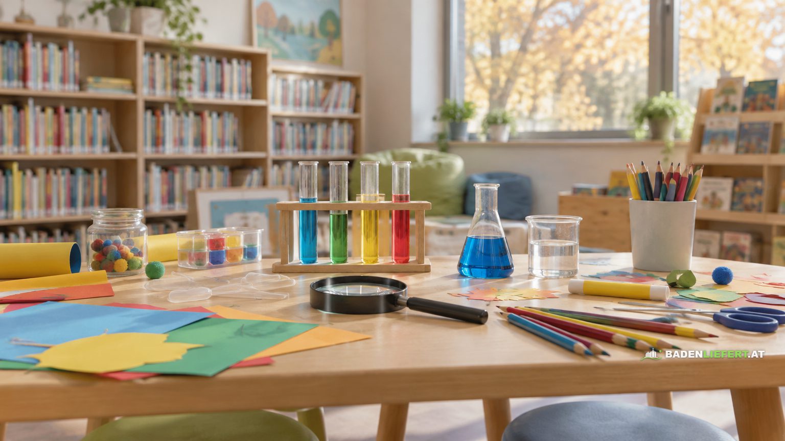 Symbolbild: Werktisch in einer Kinderbücherei mit Reagenzgläsern, Lupe, Buntstiften und Bastelpapier