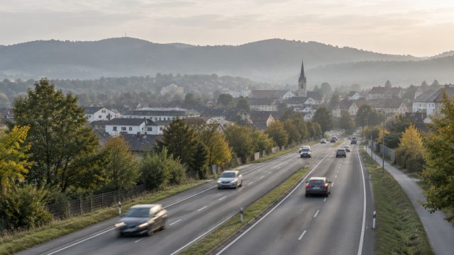 Symbolbild: eine stark befahrene Einfallstraße am Ortsrand im Morgenlicht, dahinter Dächer einer Kleinstadt
