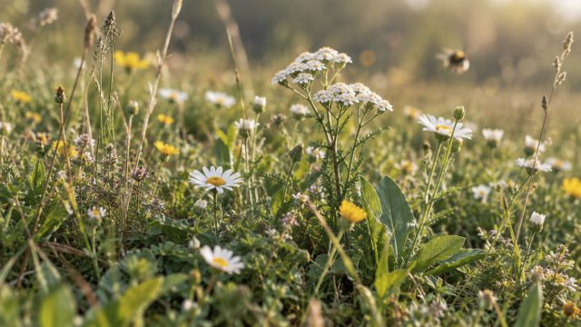 Symbolbild: Nahaufnahme einer artenreichen Wiese im Gegenlicht, weiße Schafgarbendolden und Gänseblümchen zwischen Gräsern, breite Spitzwegerichblätter im Vordergrund, eine Hummel unscharf im Hintergrund