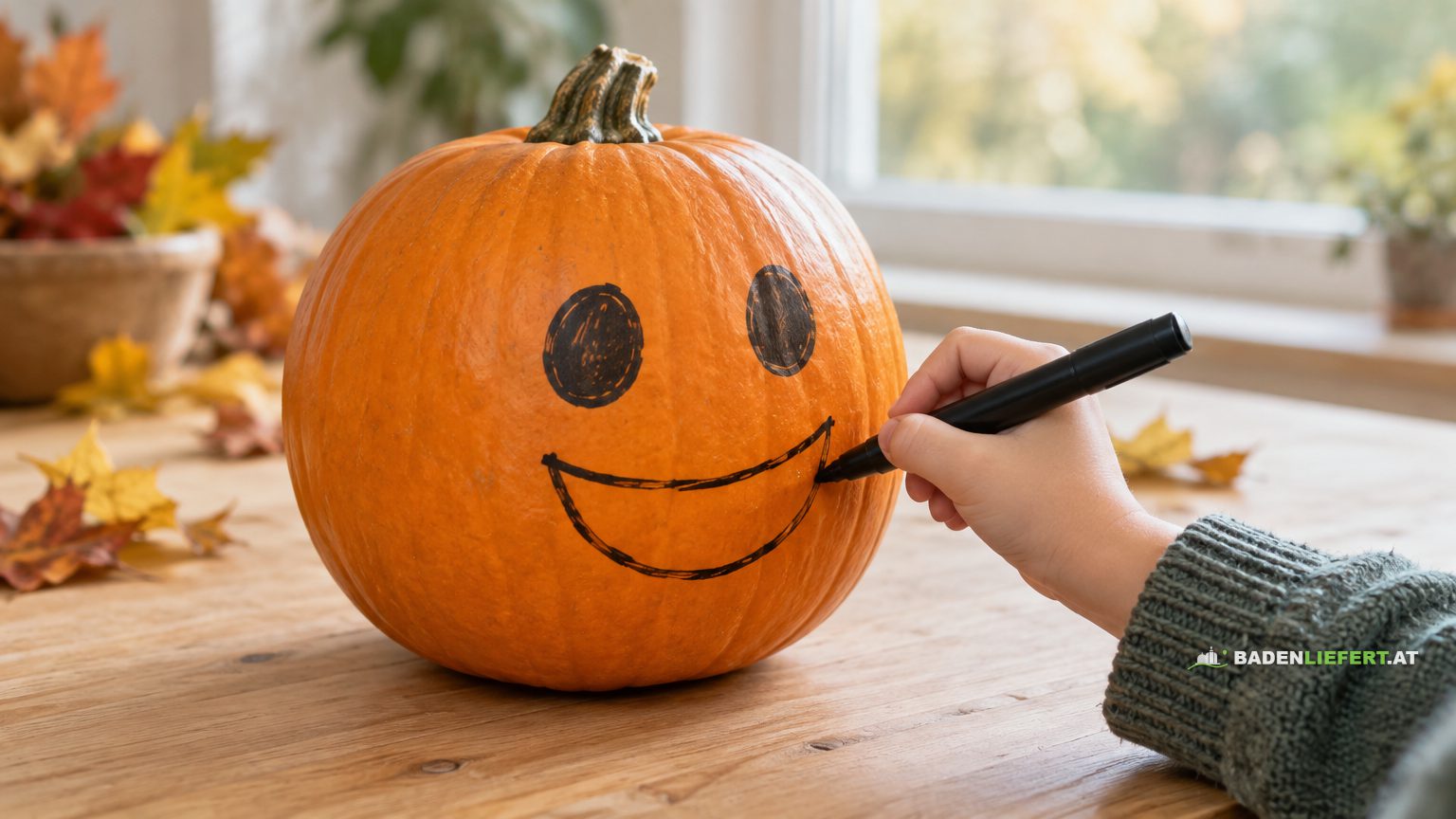 Symbolbild: eine Kinderhand zeichnet mit einem schwarzen Filzstift ein lachendes Gesicht auf einen orangefarbenen Kürbis, der auf einem Holztisch steht