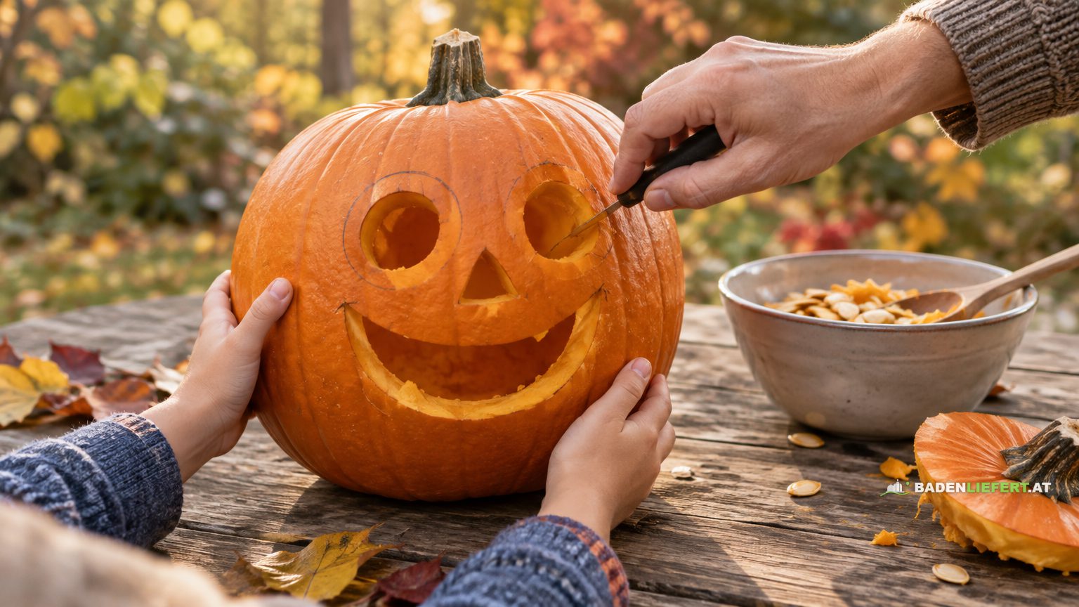 Symbolbild: Kinderhände halten einen großen Kürbis mit halb geschnitztem lachendem Gesicht, eine Erwachsenenhand schneidet mit einem kleinen Messer, daneben eine Schüssel mit Kernen, Herbstlaub im Hintergrund