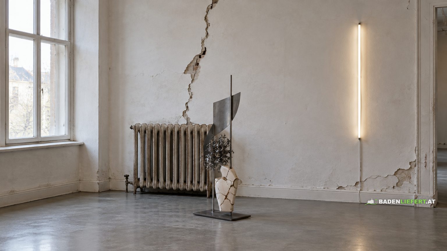 Symbolbild: Altbauraum mit Riss in der Wand, Heizkörper, Metallskulptur und Neonröhre