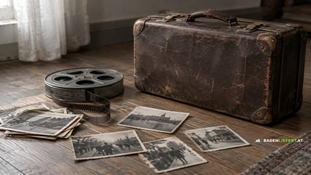 Symbolbild: alter Lederkoffer, Filmrolle und vergilbte Schwarzweißfotos auf einem Holzboden