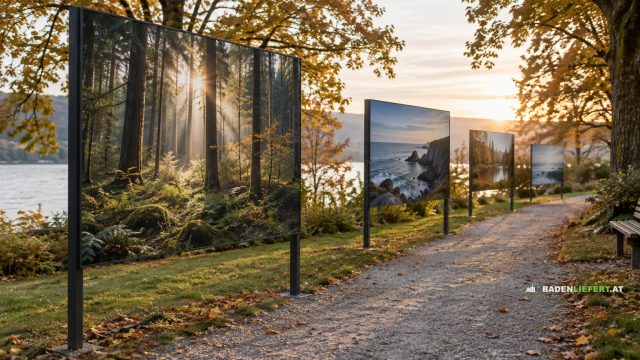 Symbolbild: großformatige Naturfotografien auf Tafeln entlang eines Kieswegs in einem herbstlichen Park