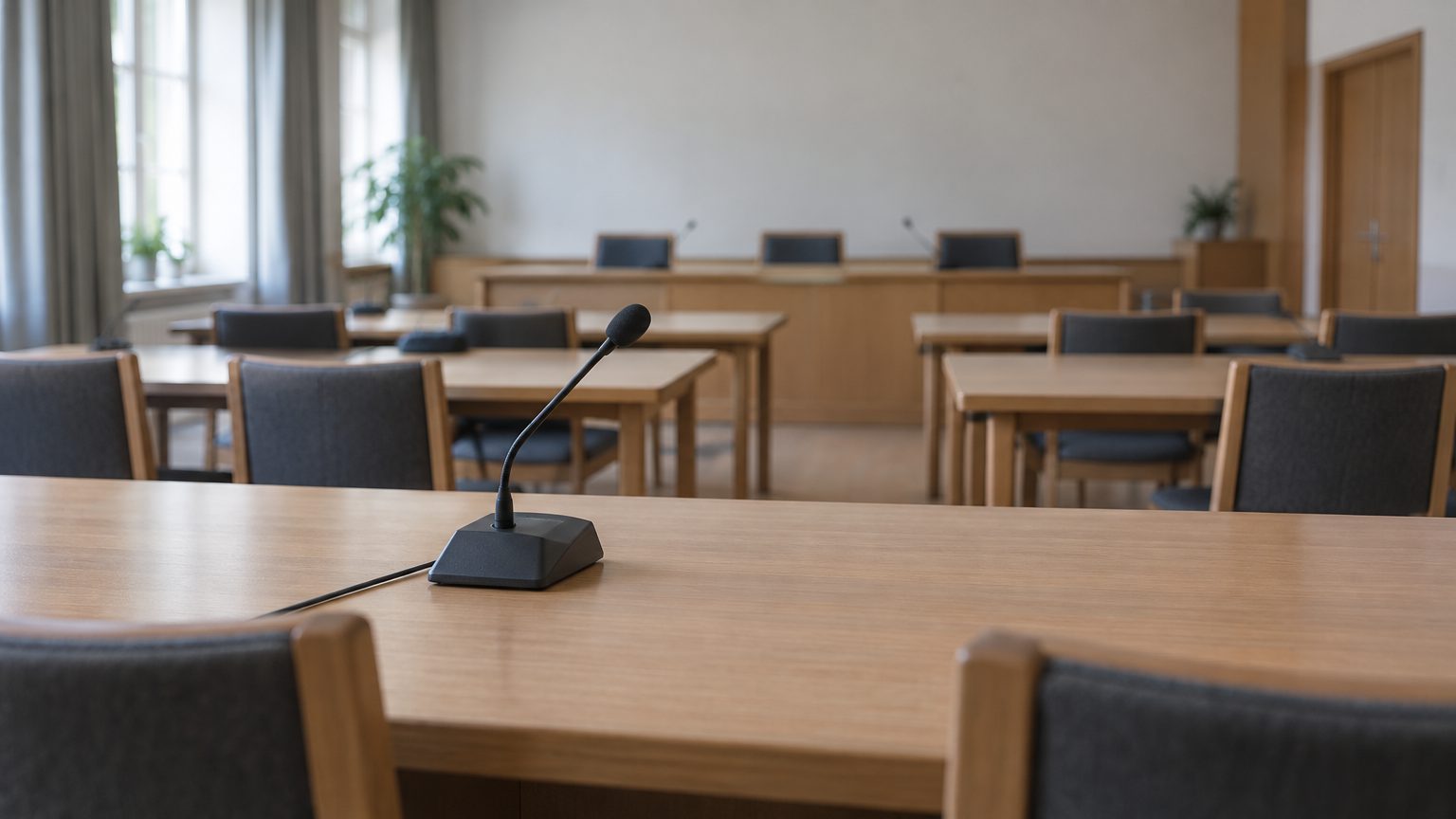 Symbolbild: ein leerer Sitzungssaal mit Holztischen und Stühlen, im Vordergrund ein Mikrofon auf dem Tisch