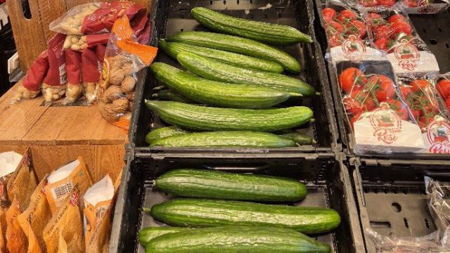 Symbolbild: Kisten mit Salatgurken im Gemüseregal eines Supermarkts, daneben Rispenparadeiser in Schalen und Säcke mit Nüssen