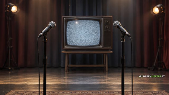Symbolbild: zwei Mikrofone auf einer Bühne vor einem alten Röhrenfernseher mit Bildrauschen