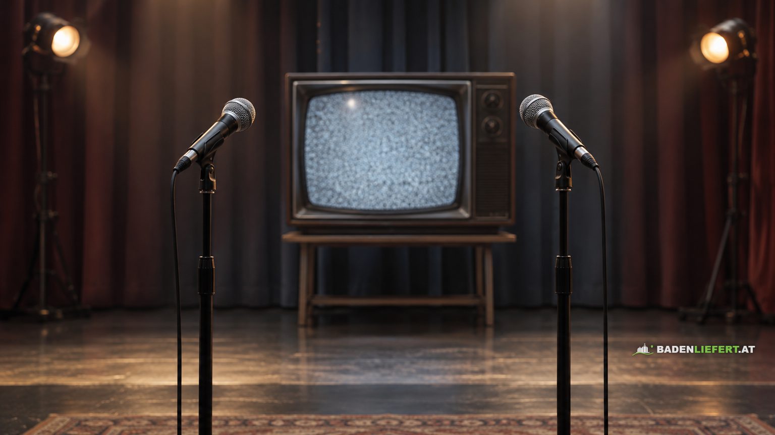 Symbolbild: zwei Mikrofone auf einer Bühne vor einem alten Röhrenfernseher mit Bildrauschen