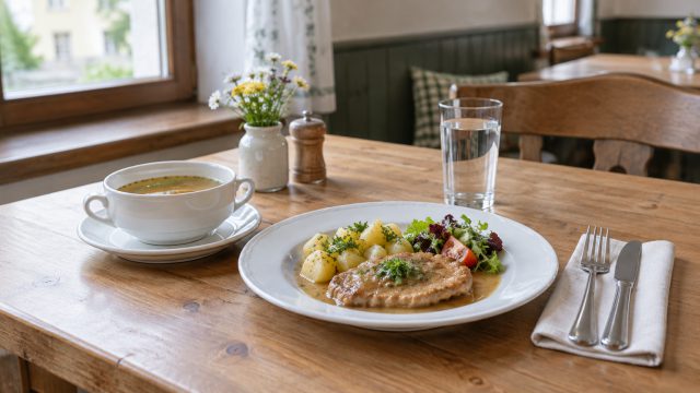 Symbolbild: Holztisch in einer Gaststube mit einer Tasse Suppe, einem Teller Schnitzel mit Erdäpfeln und Salat, einem Glas Wasser und Besteck