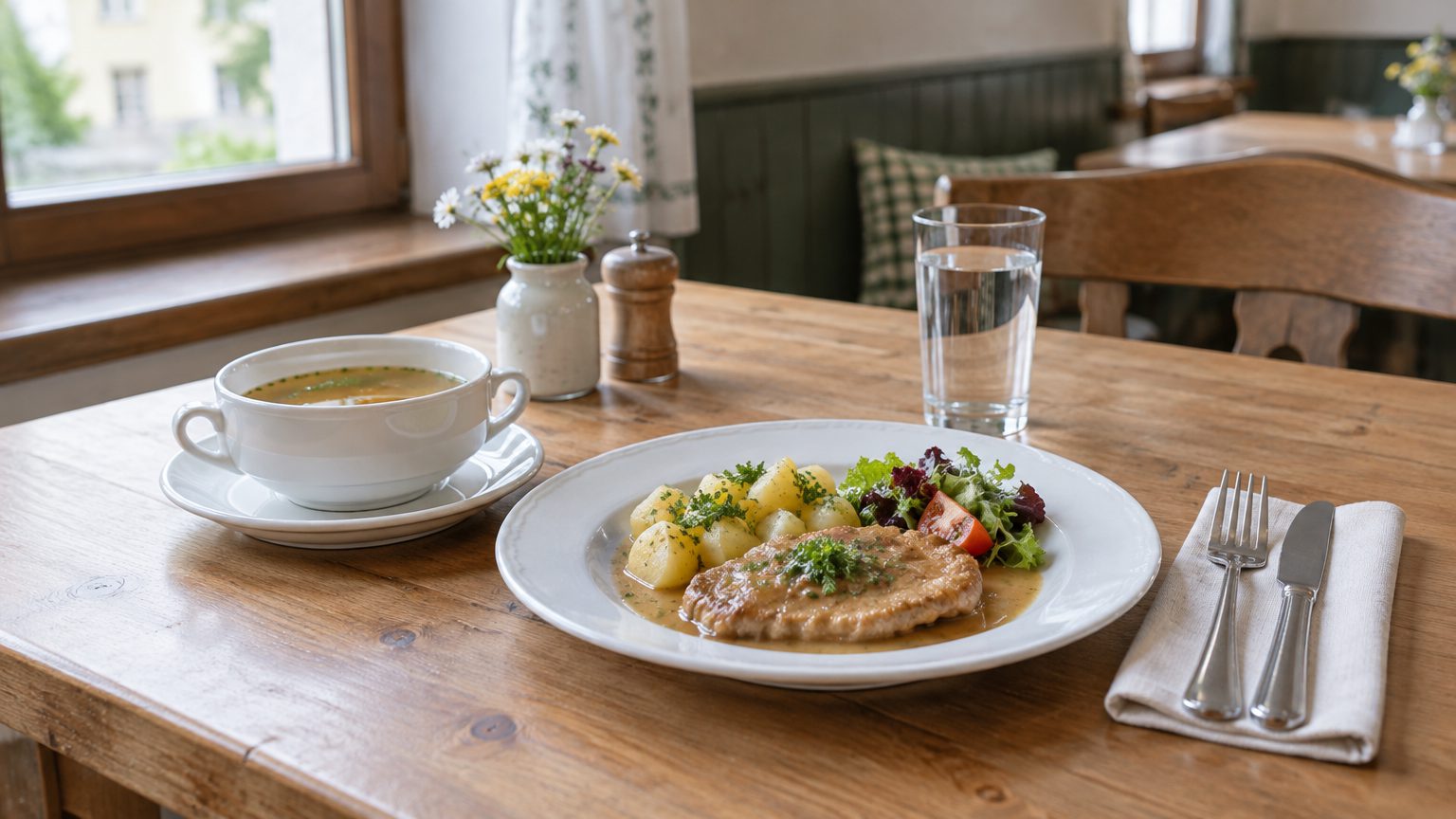 Symbolbild: Holztisch in einer Gaststube mit einer Tasse Suppe, einem Teller Schnitzel mit Erdäpfeln und Salat, einem Glas Wasser und Besteck