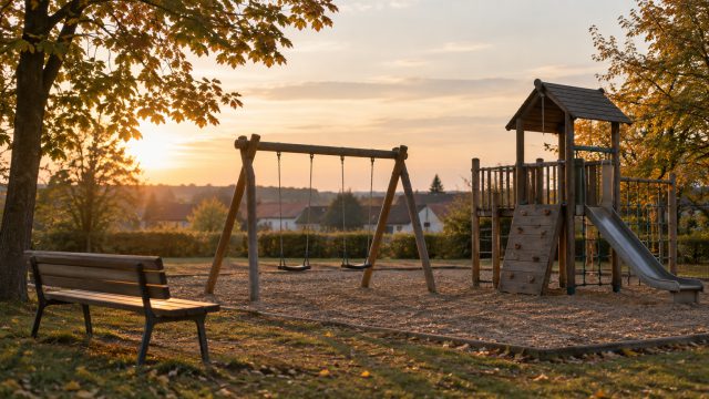 Symbolbild: leerer Dorfspielplatz im Abendlicht, Holzschaukel und Klettergerüst mit Rutsche, davor eine Parkbank, im Hintergrund Laubbäume mit Herbstfärbung und niedrige Häuser