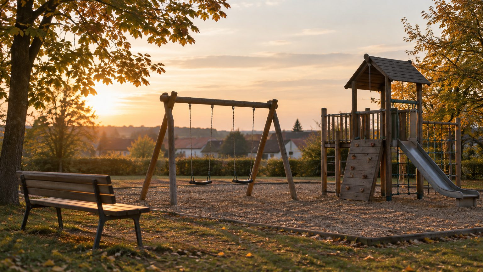 Symbolbild: leerer Dorfspielplatz im Abendlicht, Holzschaukel und Klettergerüst mit Rutsche, davor eine Parkbank, im Hintergrund Laubbäume mit Herbstfärbung und niedrige Häuser