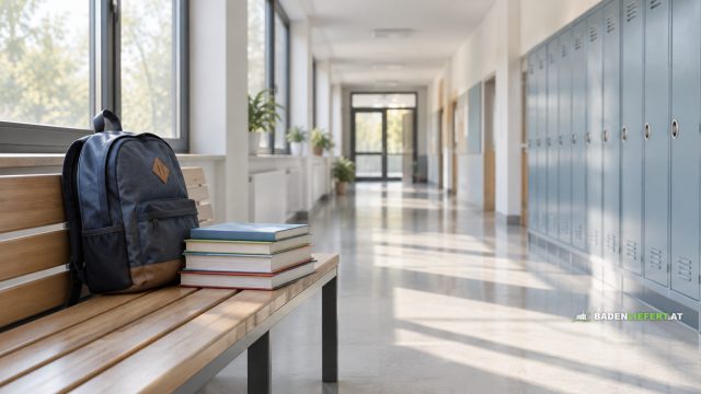 Symbolbild: Schulgang mit Spinden, auf einer Bank ein Rucksack und Schulbücher