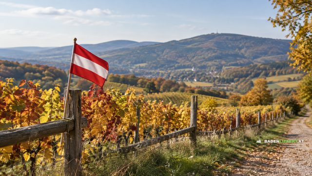 Symbolbild: herbstliche Weingärten mit einer rot-weiß-roten Fahne an einem Holzzaun, dahinter bewaldete Hügel