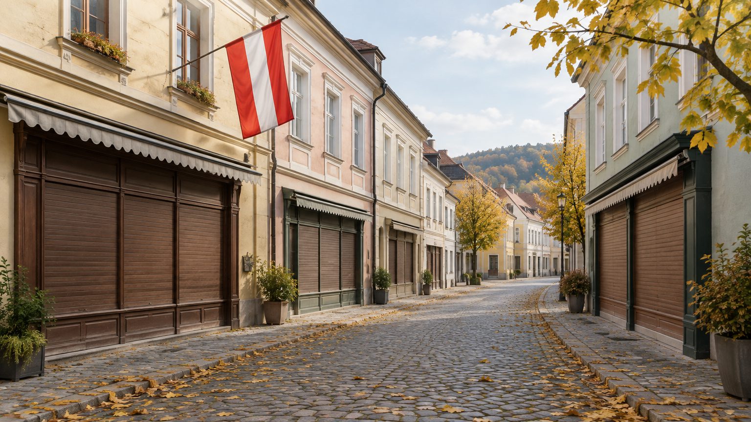 Symbolbild: menschenleere Altstadtgasse im Herbst mit geschlossenen Holzläden, Herbstlaub auf dem Kopfsteinpflaster und einer rot-weiß-roten Fahne