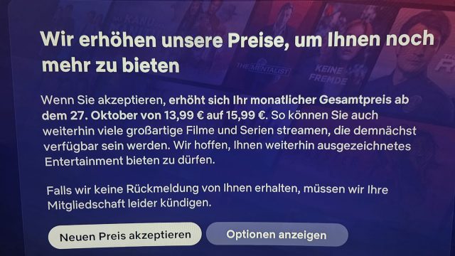 Netflix-Hinweis auf dem Fernseher: Preiserhöhung von 13,99 auf 15,99 Euro ab 27. Oktober