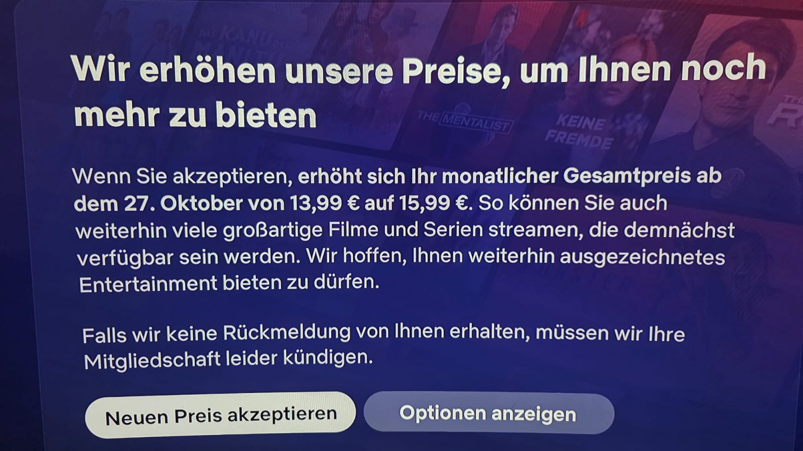 Netflix-Hinweis auf dem Fernseher: Preiserhöhung von 13,99 auf 15,99 Euro ab 27. Oktober