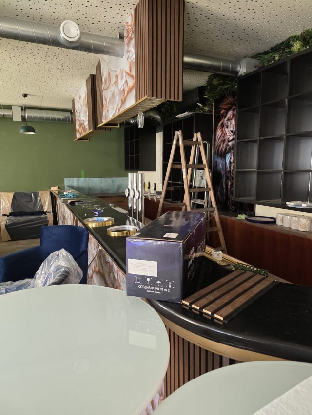 Blick über die Bar in den Gastraum: grüne Wand, Holzlamellen, blaue Samtsessel und eine Leiter mitten im Raum