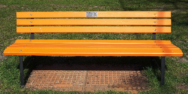 Leuchtend orange Parkbank aus Holzlatten mit kleiner Metalltafel an der Lehne, auf einer Wiese im Sonnenlicht