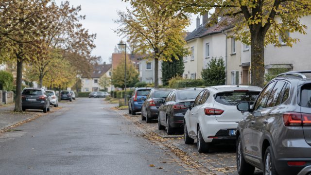Symbolbild: parkende Autos in einer Reihe entlang einer Wohnstraße mit herbstlichen Bäumen