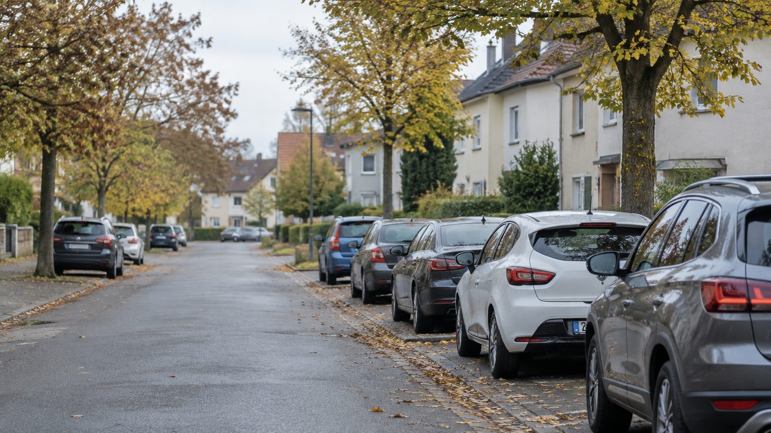 Symbolbild: parkende Autos in einer Reihe entlang einer Wohnstraße mit herbstlichen Bäumen