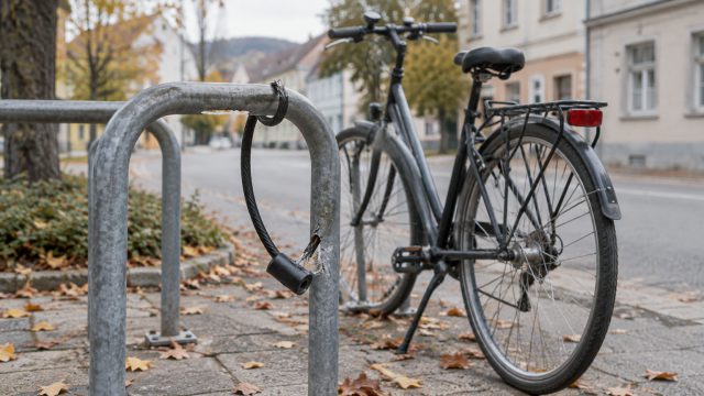 Symbolbild: Fahrradständer am Gehsteig im Herbst, am Bügel hängt ein durchtrenntes Kabelschloss, daneben ein abgestelltes Fahrrad