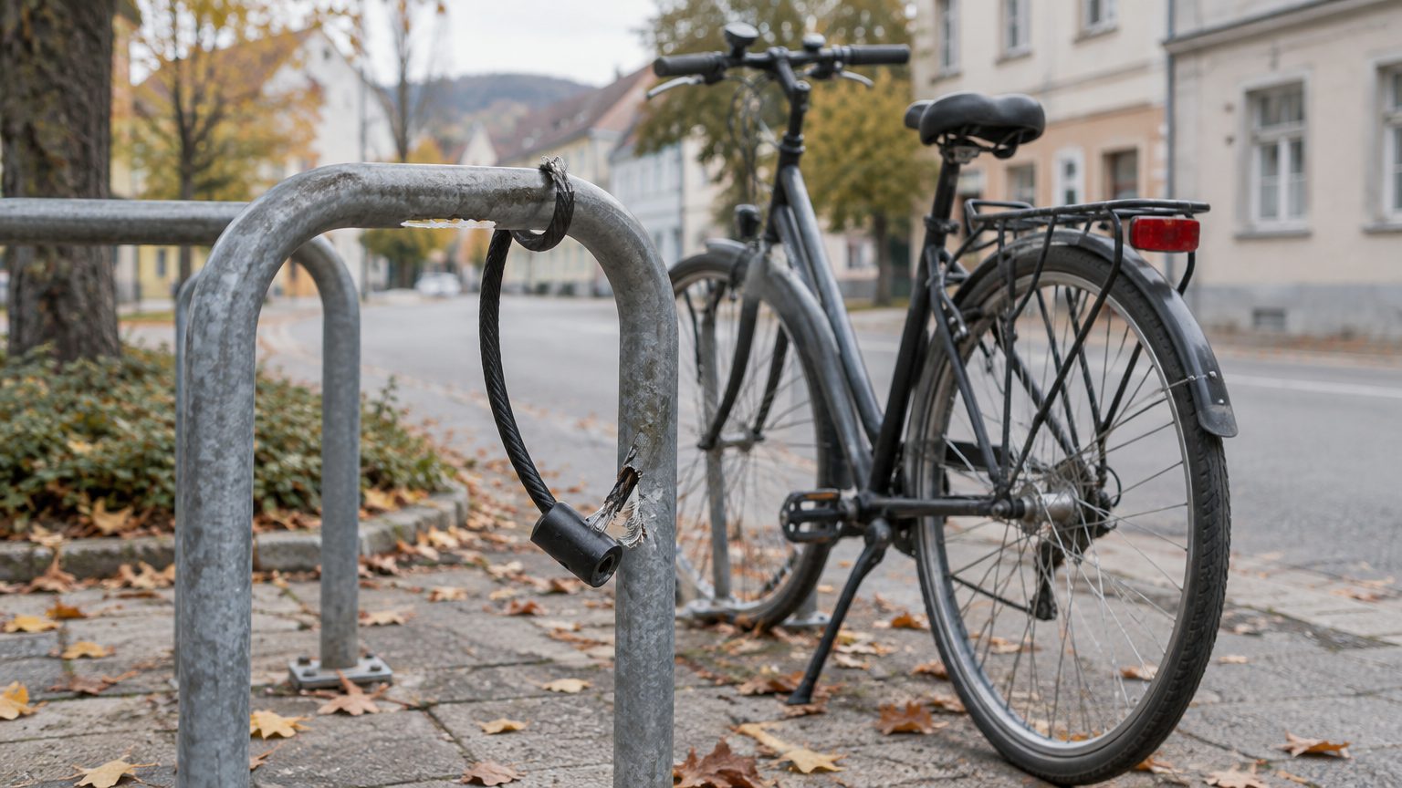 Symbolbild: Fahrradständer am Gehsteig im Herbst, am Bügel hängt ein durchtrenntes Kabelschloss, daneben ein abgestelltes Fahrrad