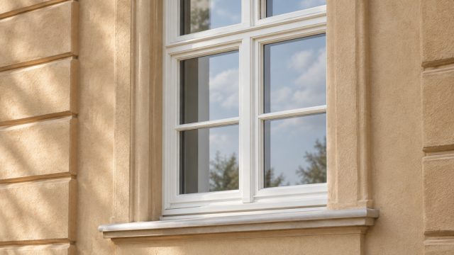 Symbolbild: Weißes Holz-Sprossenfenster in einer hell verputzten Altbaufassade, im Glas spiegelt sich der Himmel.