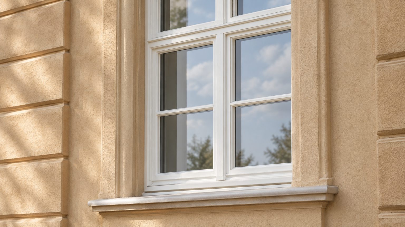 Symbolbild: Weißes Holz-Sprossenfenster in einer hell verputzten Altbaufassade, im Glas spiegelt sich der Himmel.