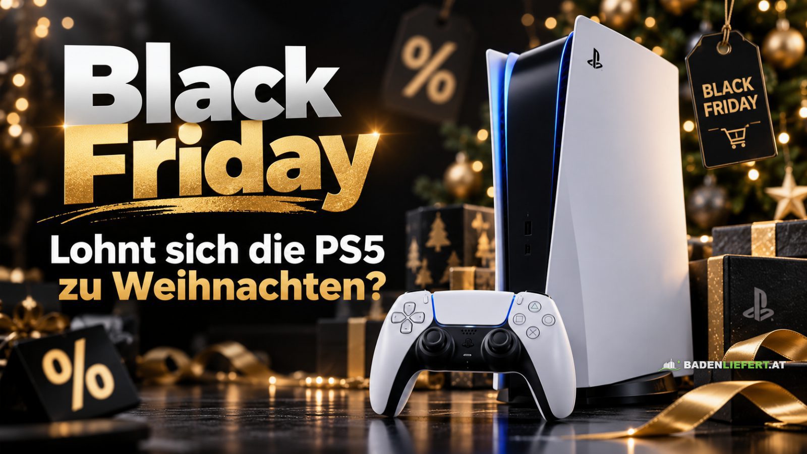 Grafik mit dem Schriftzug „Black Friday – Lohnt sich die PS5 zu Weihnachten?“, daneben eine weiße Spielkonsole mit Controller vor Geschenken und einem Christbaum