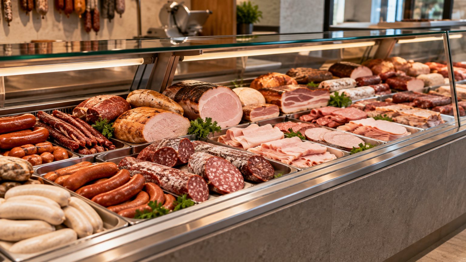 Symbolbild: eine gefüllte Bedientheke mit Wurst, Schinken und Aufschnitt hinter Glas