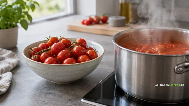 Symbolbild: Schüssel mit Cocktailtomaten neben einem Topf mit dampfender Tomatensauce auf dem Herd