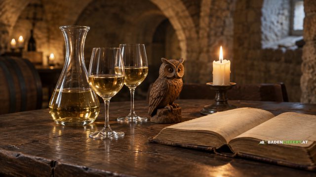 Symbolbild: Weißwein in Karaffe und Gläsern, eine geschnitzte Uhu-Figur, Kerze und altes Buch auf einem Holztisch im Gewölbekeller