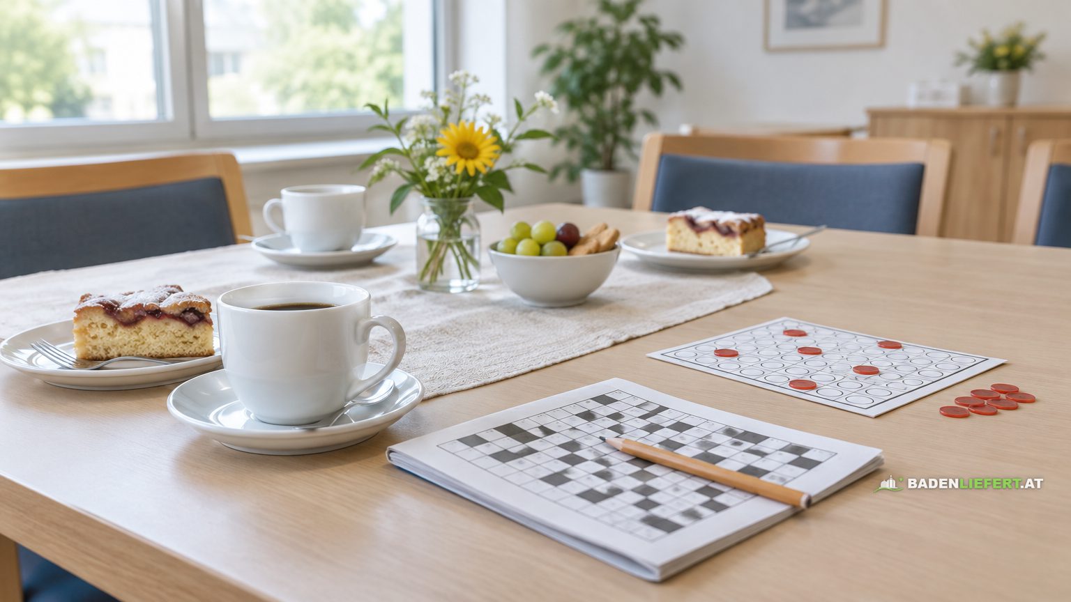 Symbolbild: gedeckter Tisch mit Kaffee, Kuchen, Kreuzworträtsel und Bingokarte in einem hellen Saal