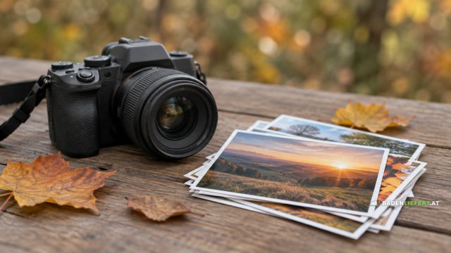 Symbolbild: Kamera auf einem Holztisch neben ausgedruckten Landschaftsfotos und Herbstblättern