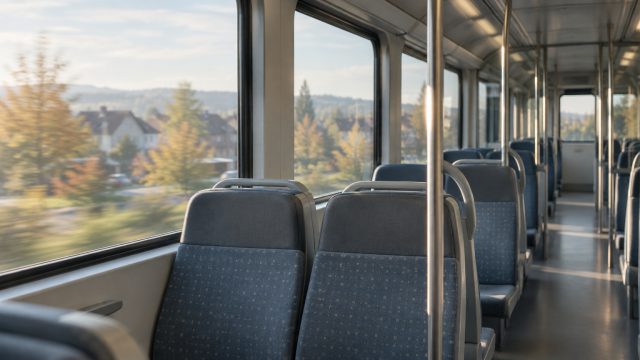 Symbolbild: Leere Sitzreihen in einer Regionalbahn, durch die Fenster zieht unscharf eine herbstliche Vorstadtlandschaft vorbei.