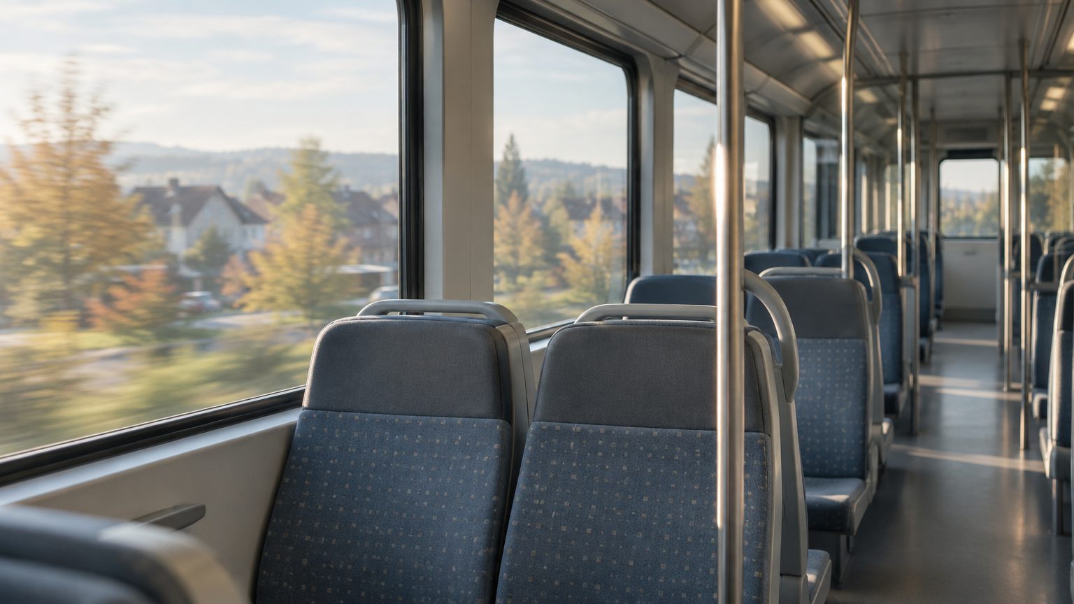 Symbolbild: Leere Sitzreihen in einer Regionalbahn, durch die Fenster zieht unscharf eine herbstliche Vorstadtlandschaft vorbei.