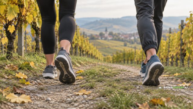 Symbolbild: zwei Menschen in Laufschuhen gehen auf einem Feldweg zwischen herbstlichen Weinreben, nur Beine zu sehen