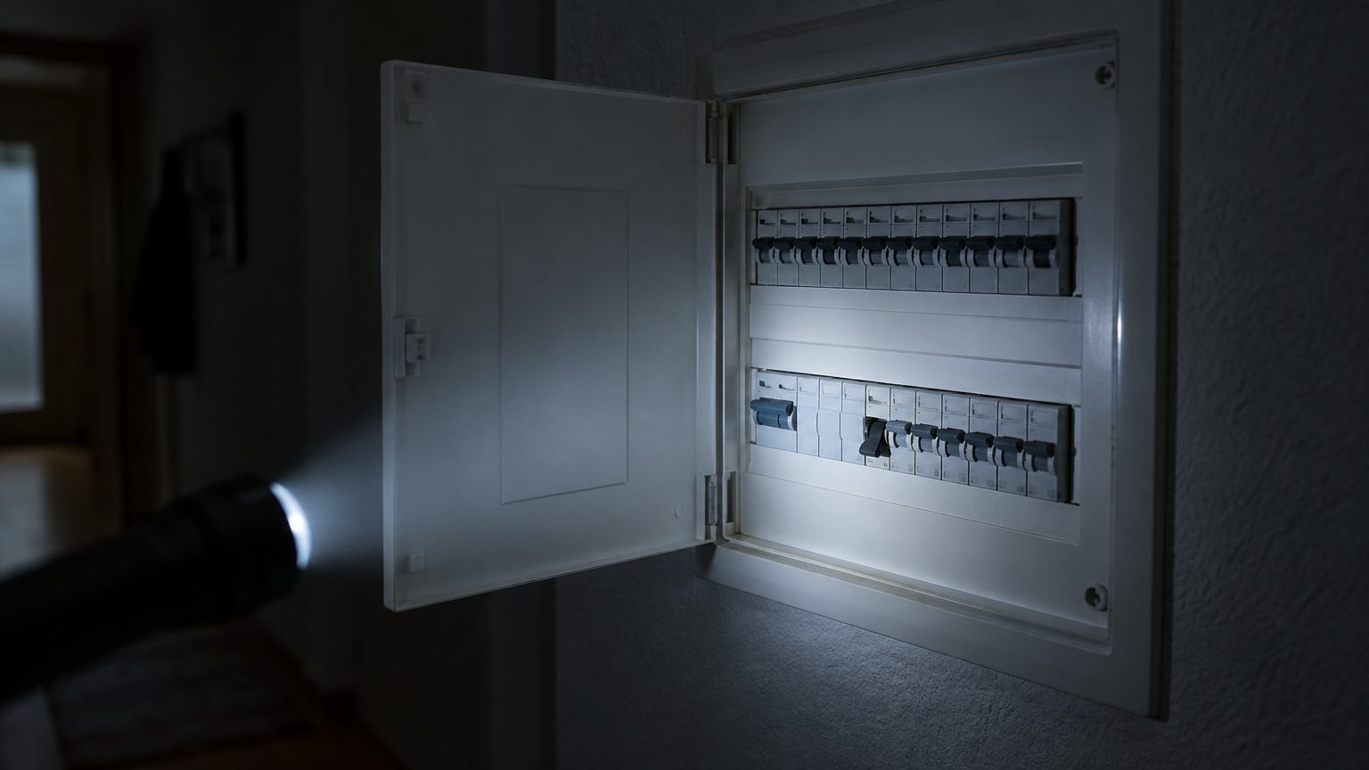 Symbolbild: ein geöffneter Sicherungskasten in einem dunklen Flur, angeleuchtet von einer Taschenlampe, ein Sicherungsautomat steht nach unten