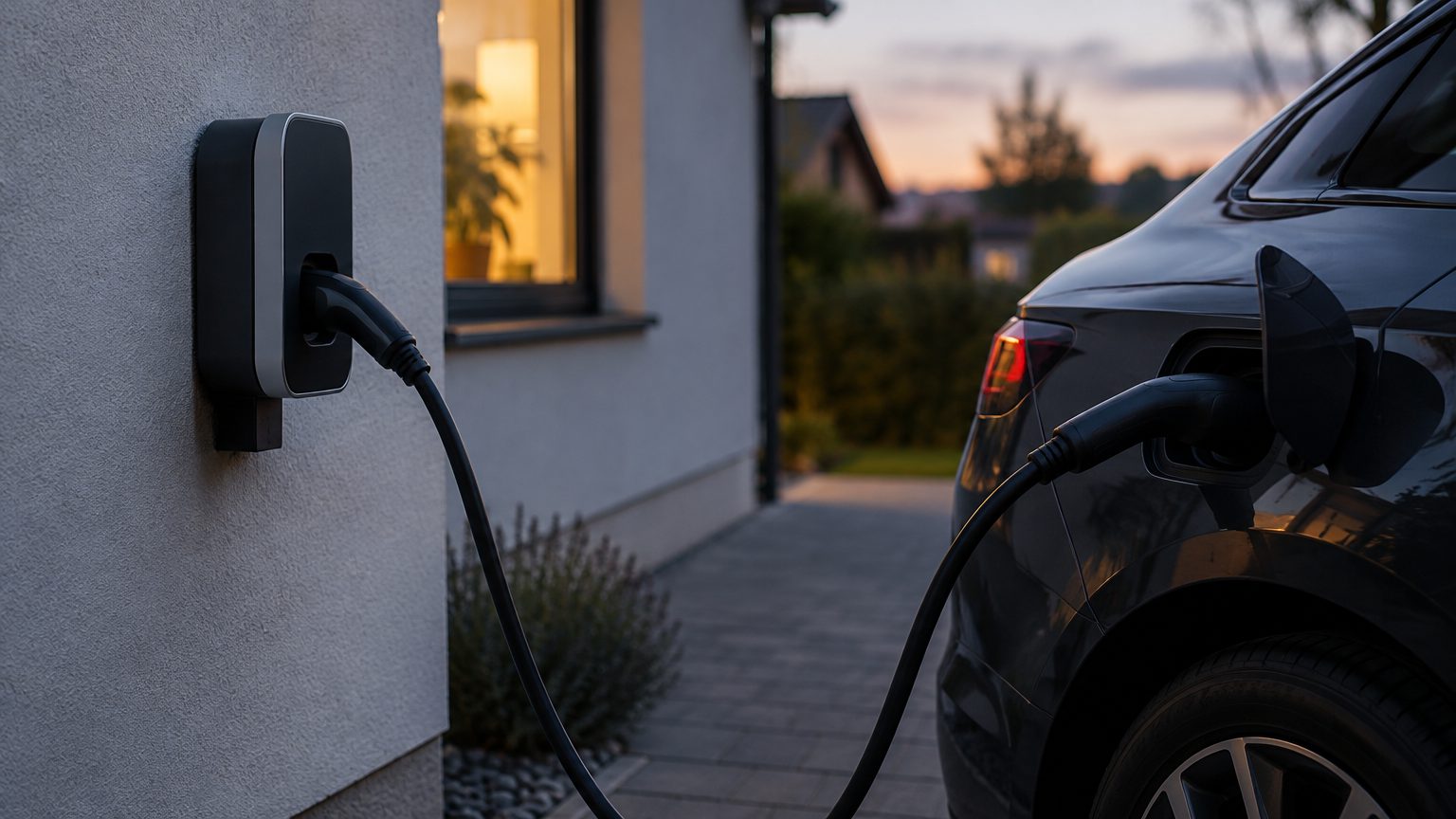 Wallbox an einer Hauswand in der Abenddämmerung, das Ladekabel steckt im Ladeanschluss eines dunklen Autos in der Einfahrt.