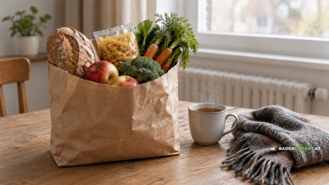 Symbolbild: Papiertüte mit Brot, Äpfeln, Nudeln und Gemüse auf einem Holztisch, daneben Tee und ein Wollschal